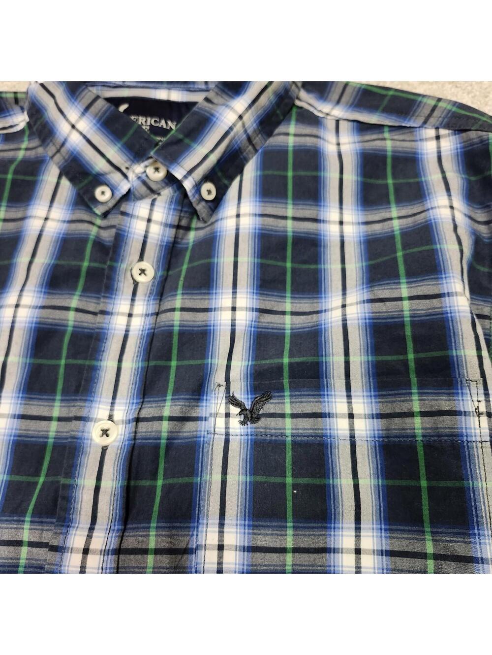 American Eagle Button Down Shirt Gray Blue White Plaid Long Sleeve Size Large - Picture 12 of 13